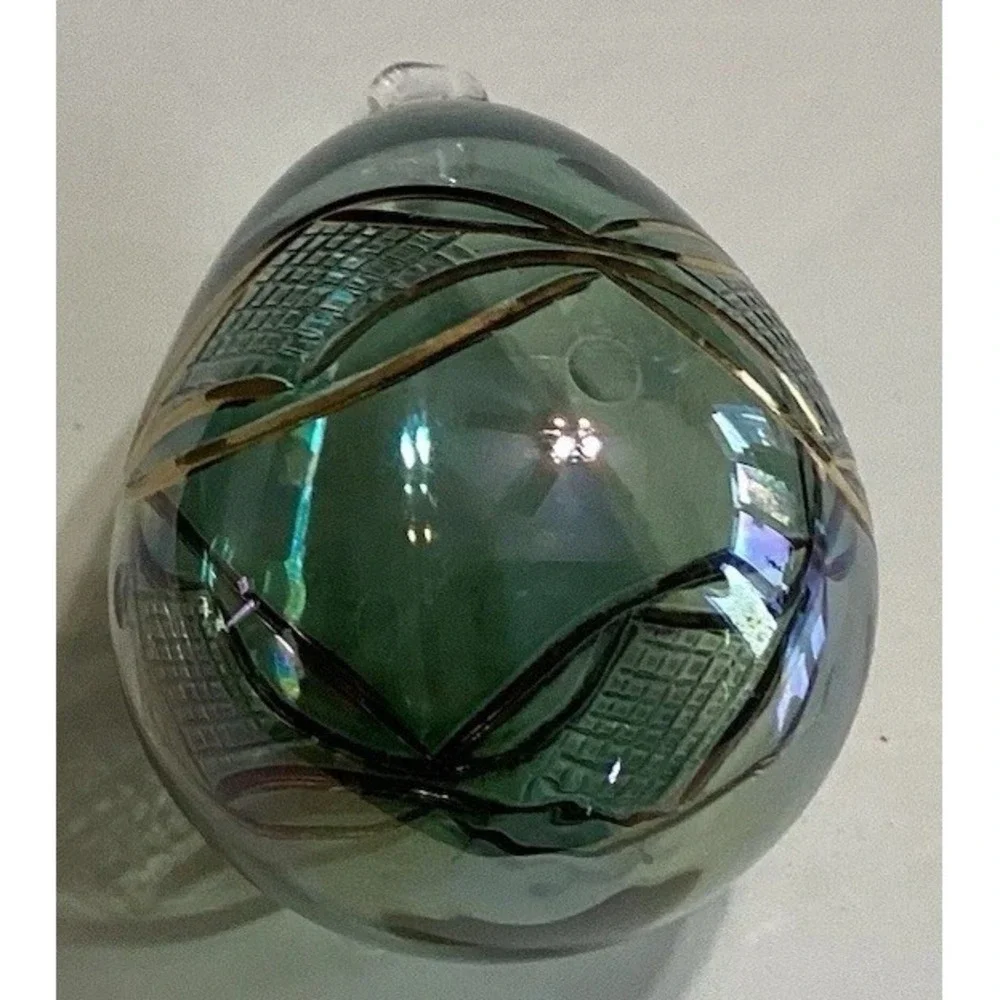 Christmas Ornament Hand Blown Glass Egg Shape Raised‎ Gold Designs Green Tint